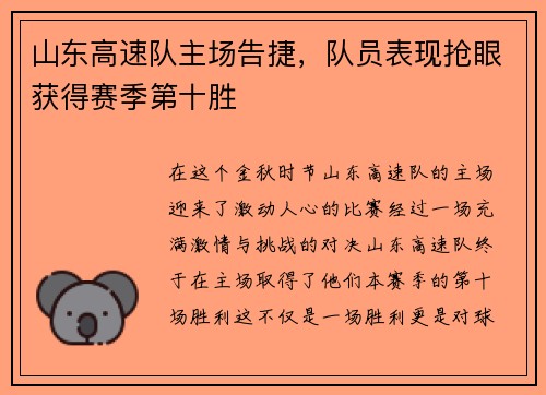 山东高速队主场告捷，队员表现抢眼获得赛季第十胜